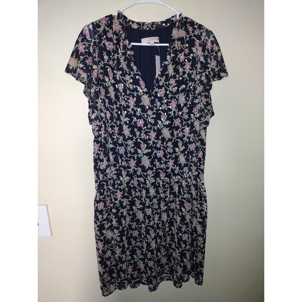 LOFT Floral Print Dress Navy Blue Pink‎ Yellow Gold Metallic Ruffle V Neck MT
